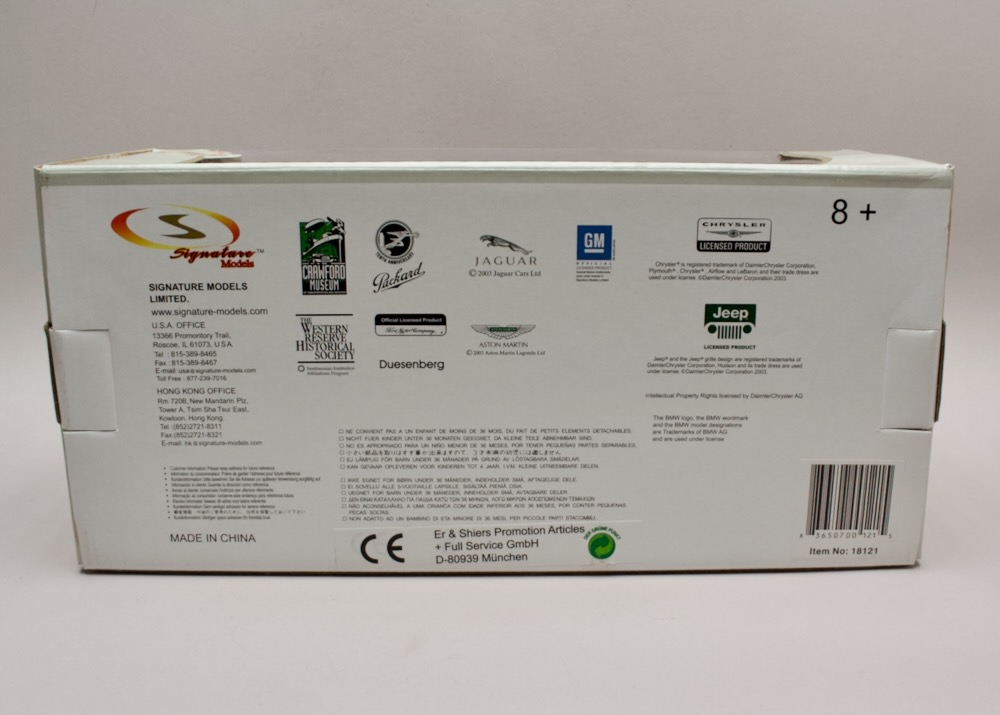 Aston Martin Le Mans 1934 1:18 Signature Models – zadní strana krabice s licenčními a výrobními údaji