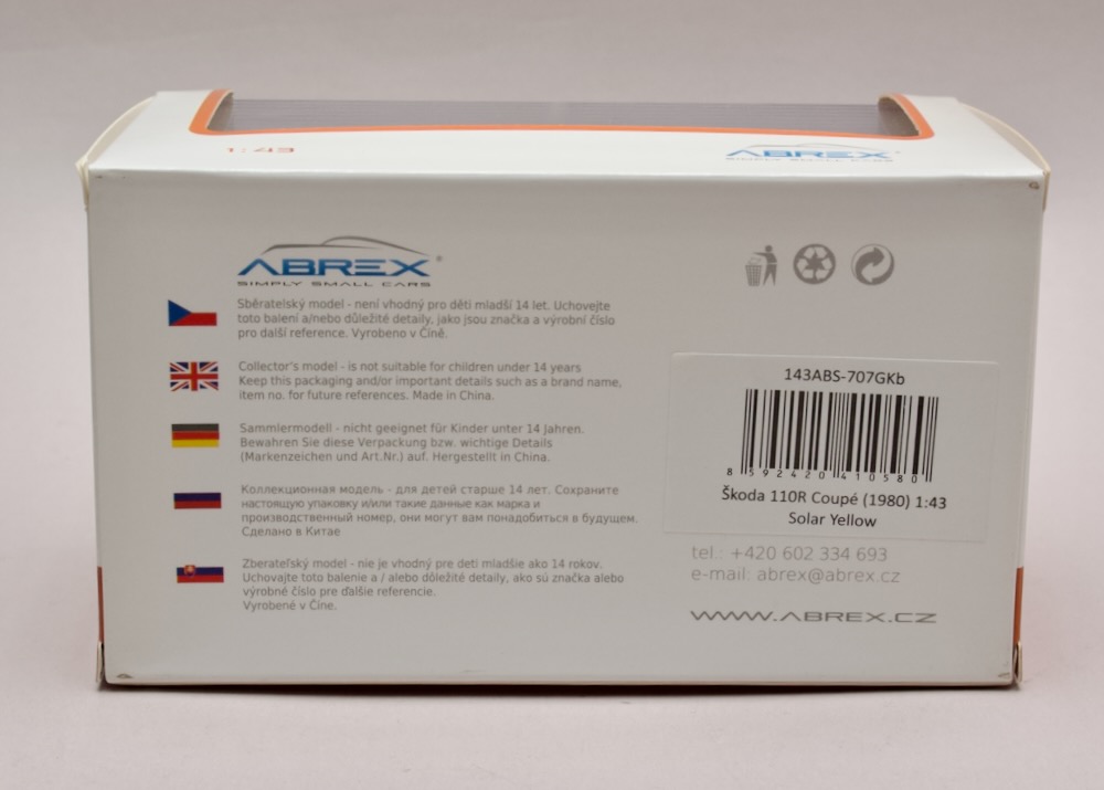 Škoda 110 R Coupé 1:43 Abrex výrobní kód 143ABS-707Gkb zadní strana balení