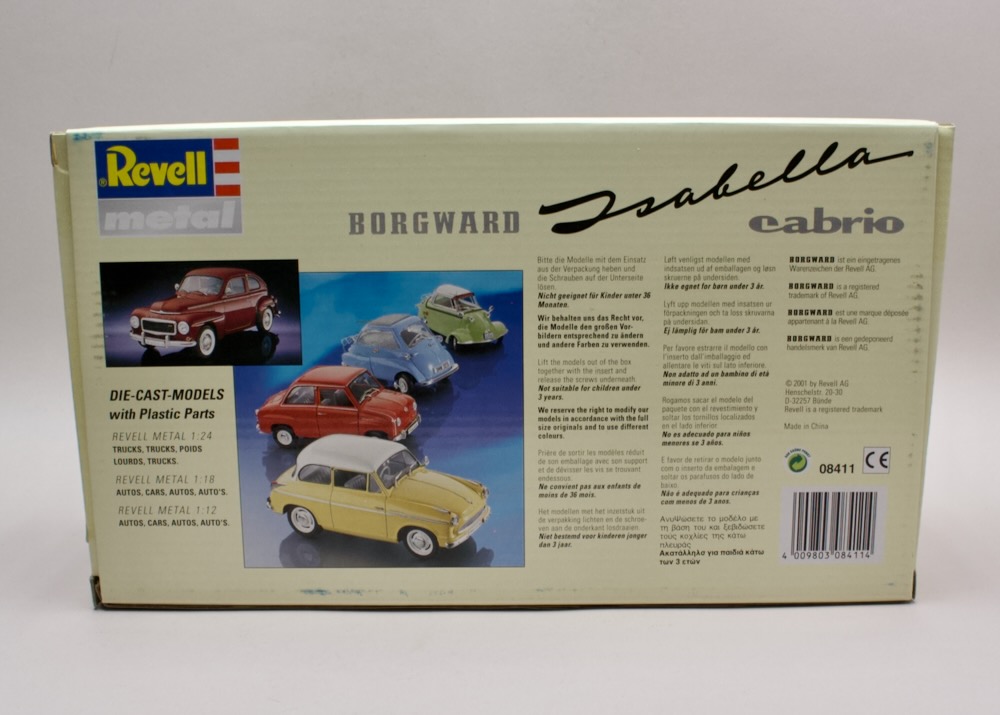 Zadní strana balení modelu Borgward Isabella Cabrio 1:18 Revell 08411