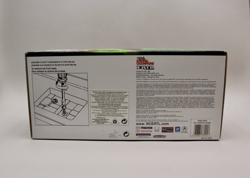 Zadní strana balení modelu Dodge Charger Fast & Furious Joy Ride Ertl 33025