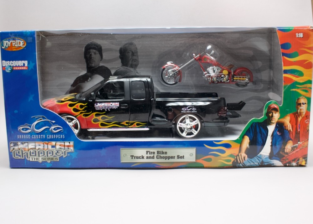 Ford F-150 SVT Lightning + Fire Bike Truck & Chopper Set černý 1:18 Ertl 33878 – Orange County Choppers, nerozbaleno
