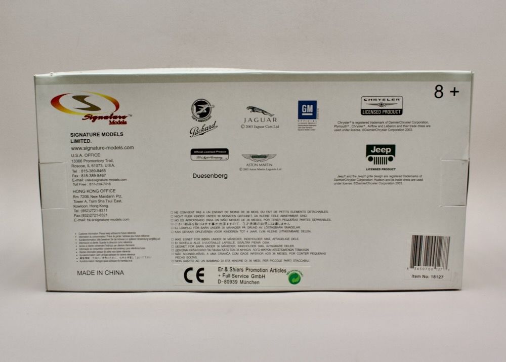 Zadní strana balení modelu Lincoln Touring Cabriolet 1937 Signature Models 18127