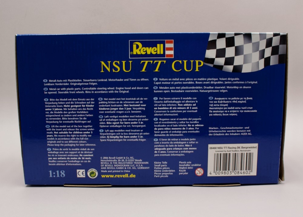 Zadní strana balení modelu NSU TT Racing Cup #71 Jägermeister 1:18 Revell 08460