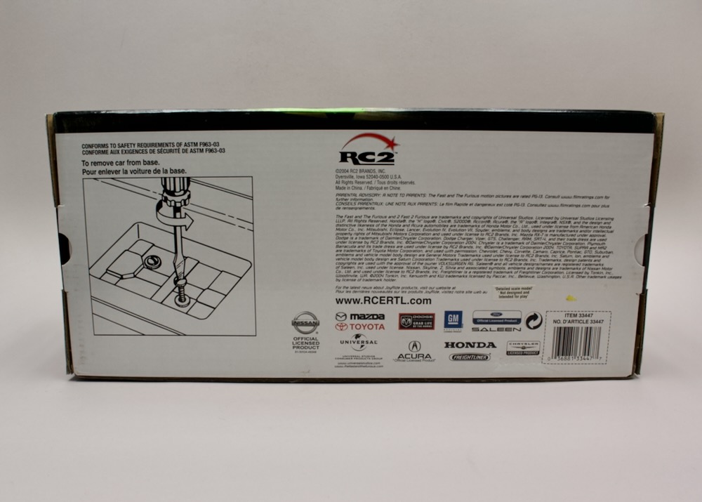 Zadní strana balení modelu Nissan Skyline Fast & Furious Joy Ride Ertl 33447