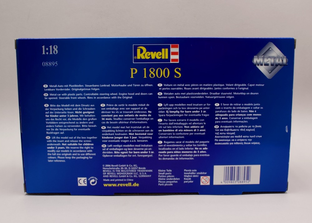 Zadní strana balení modelu Volvo P1800 S 1:18 Revell 08895