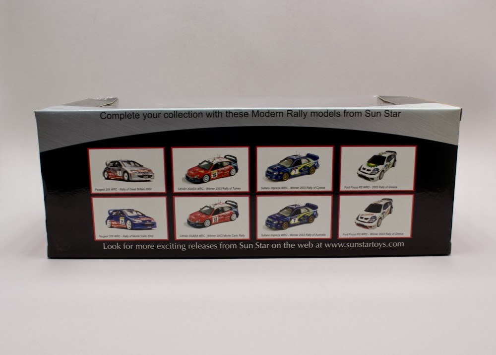 Boční strana balení modelu Peugeot 206 WRC #1 Rally Great Britain 2002 ze série Modern Rally Collectibles