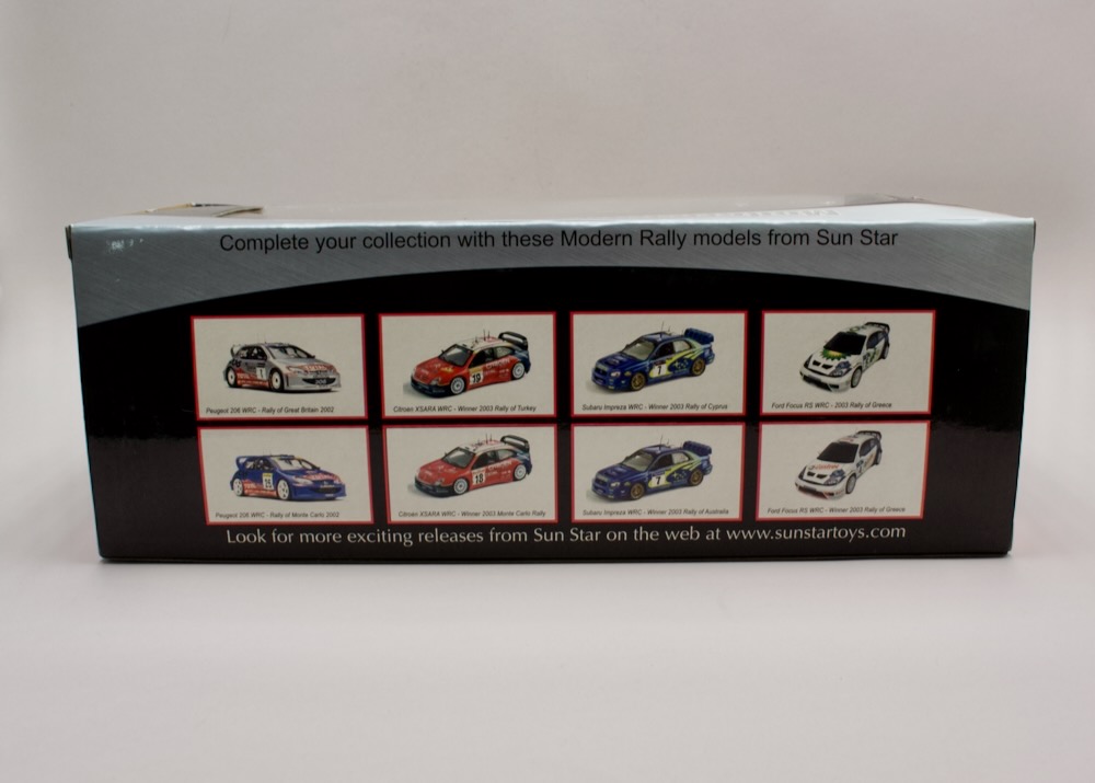 Boční strana balení modelu Peugeot 206 WRC #46 Rally Great Britain 2002 ze série Modern Rally Collectibles
